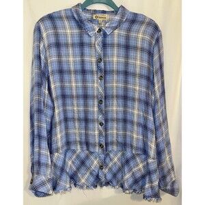 Democracy Shirt Blue Plaid Raw Skirt Hem Long Sleeve Button Front Women’s 2X